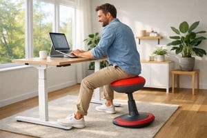 Modern Office with Dynamic Person on Colorful Balance Stool